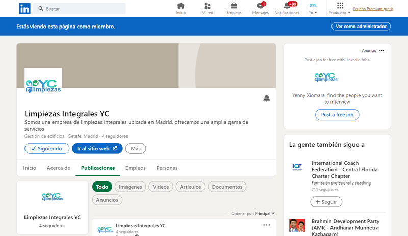 Perfil de limpiezasyc en linkedin