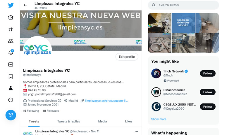 Perfil de limpiezasyc en twitter